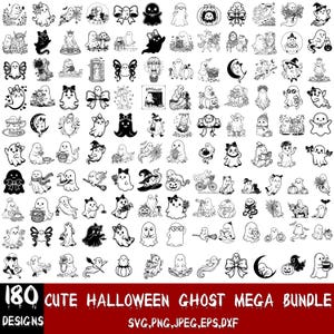 May include: A collection of 180 black and white line art illustrations featuring various ghosts in different poses, some with accessories like bows, hats, pumpkins, and flowers. The text at the bottom reads 180 CUTE HALLOWEEN GHOST MEGA BUNDLE.