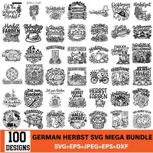 Peut inclure: Une collection numérique de 100 motifs graphiques en noir et blanc présentant des illustrations sur le thème de l'automne et des phrases en allemand. Les images incluent des motifs comme des citrouilles, des écureuils, des feuilles et des activités saisonnières, intitulée German Herbst SVG mega bundle.