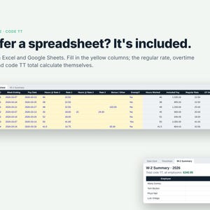 May include: A digital spreadsheet template for tracking employee payroll, featuring a timesheet with yellow input columns and a W-2 Summary tab. The text reads: W-2 BOX 12 CODE TT, Prefer a spreadsheet? It's included. Works in Excel and Google Sheets.
