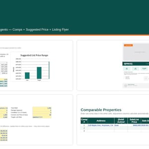 May include: A digital real estate CMA and listing kit template featuring sections for CMA Summary, Subject Property details, Comparable Properties, and a suggested list price range chart with dark green and white color schemes.