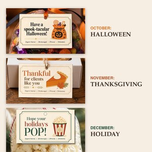 May include: A set of three rectangular gift tags for Halloween, Thanksgiving, and the holidays. The tags feature seasonal graphics, including a jack-o'-lantern, a slice of pumpkin pie, and a popcorn bucket, with placeholders for contact information.