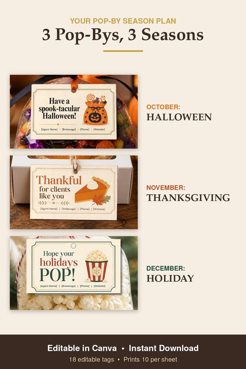 May include: A set of three rectangular gift tags for Halloween, Thanksgiving, and the holidays. The tags feature seasonal graphics, including a jack-o'-lantern, a slice of pumpkin pie, and a popcorn bucket, with placeholders for contact information.