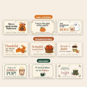 May include: A collection of 18 printable gift tags for real estate agents, categorized by Halloween, Thanksgiving, and Holiday themes. Each rectangular tag features seasonal illustrations, festive text, and placeholders for contact information.