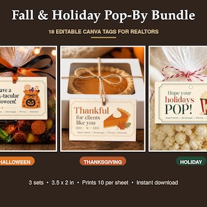 May include: A digital bundle of 18 editable Canva tags for realtors, featuring three distinct designs for Halloween, Thanksgiving, and holidays. Each tag includes placeholders for contact information and measures 3.5 by 2 inches per tag.