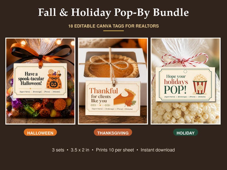 May include: A digital bundle of 18 editable Canva tags for realtors, featuring three distinct designs for Halloween, Thanksgiving, and holidays. Each tag includes placeholders for contact information and measures 3.5 by 2 inches per tag.