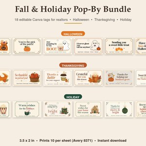 May include: A collection of 18 rectangular printable tags titled Fall & Holiday Pop-By Bundle, featuring Halloween, Thanksgiving, and holiday themes with illustrations of pumpkins, ghosts, treats, and seasonal text. Each tag measures 3.5 by 2 inches.