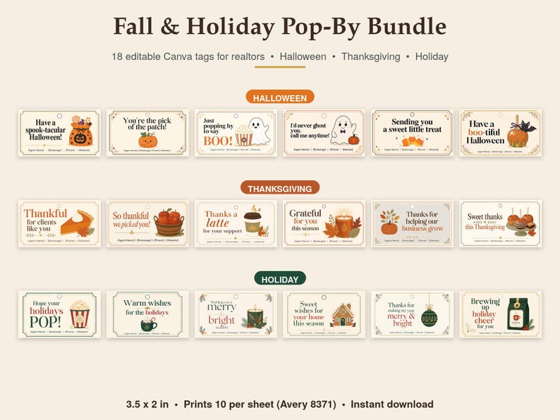 May include: A collection of 18 rectangular printable tags titled Fall & Holiday Pop-By Bundle, featuring Halloween, Thanksgiving, and holiday themes with illustrations of pumpkins, ghosts, treats, and seasonal text. Each tag measures 3.5 by 2 inches.