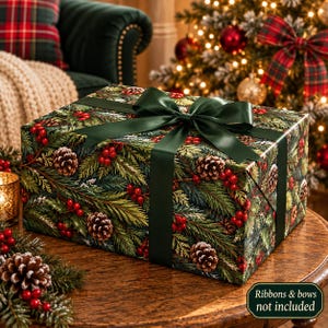 May include: A rectangular gift box wrapped in paper featuring a pattern of green pine branches, brown pinecones, and red berries. A wide, dark green satin ribbon is tied in a bow on top. A small sign on the table reads, Ribbons & bows not included.