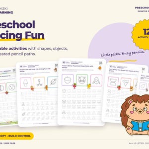 Könnte beinhalten: Ein Set aus 12 druckbaren Vorschul-Nachspur-Aktivitätsseiten mit dem Titel Preschool Tracing Fun von Whizki Learning. Die Seiten enthalten gepunktete Linien zum Nachspuren von Formen, Objekten und Pfaden, begleitet von einem Cartoon-Löwen.