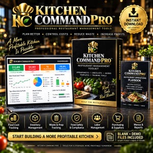 Könnte beinhalten: Ein digitales Restaurant-Management-Toolkit namens Kitchen Command Pro, bestehend aus einem Laptop mit einem Dashboard für Finanzdaten, einer physischen Box und einem Handbuch für Restaurantabläufe mit Vorlagen und Anleitungen.