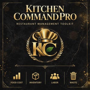 Può includere: Un design grafico nero con il testo dorato Kitchen Command Pro Restaurant Management Toolkit. Un logo centrale a forma di cappello da chef dorato con le lettere KC e una foglia verde sopra icone per costi alimentari, inventario, lavoro, rifiuti.