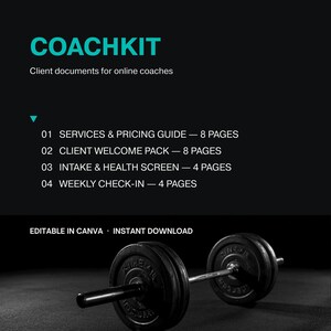 May include: A digital coach kit for online coaches featuring the text COACHKIT and Client documents for online coaches. It lists four documents: 01 Services & Pricing Guide, 02 Client Welcome Pack, 03 Intake & Health Screen, and 04 Weekly Check-in.