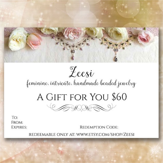 Gift Certificate 60 Dollars, Printable Gift Card, Personalized