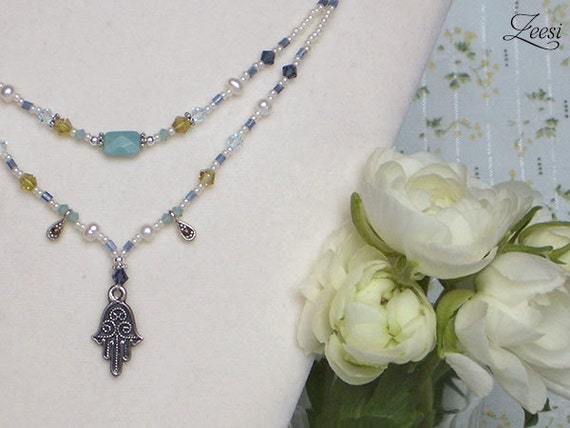 Hamsa Silver Pendant Layered Beadwork Necklace 432 | Etsy