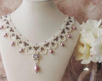 Collar victoriano, collar de encaje blanco perla, collar nupcial de bronce y rosa empolvado