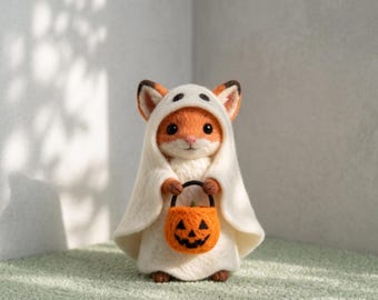 Needle-Felted Ghost Fox with Pumpkin Bucket: Handmade Woodland Halloween Decor