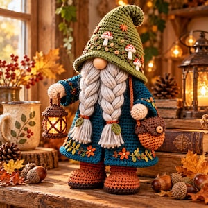 May include: A crocheted gnome figurine wearing a green pointed hat with mushroom embroidery, a long braided beard, and a dark teal coat with floral details. The gnome holds a small brown lantern and a matching acorn-shaped bag, wearing orange boots.