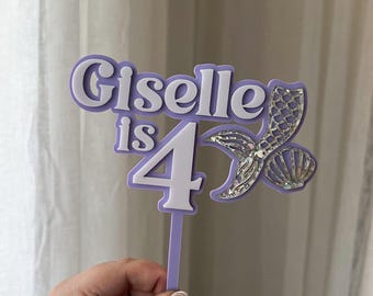 Personalised Mermaid Cake Topper | Holographic Glitter Tail & Shell, Name and Age Birthday Decor