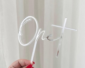 Clear Acrylic One Cake Topper with Cross | Baptism & Christening Birthday Topper