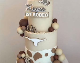 Personalised 1st Rodeo Cake Topper & Charms | Cowboy Western Birthday Acrylic and Wood Decor