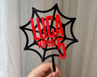 Personalised Spider Web Superhero Cake Topper | Red & Black Name and Age Birthday Decoration