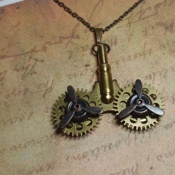 Propeller Necklace,Steampunk Necklace, Aviator's Pendant with Moving Propeller, Aviation Necklace, Winder Key Necklace, Gear Necklace