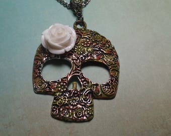 Sugar Skull Necklace, Skull Necklace, Day of the Dead Necklace, Mexican Holiday, Black Rose Necklace, White Rose Necklace, N20