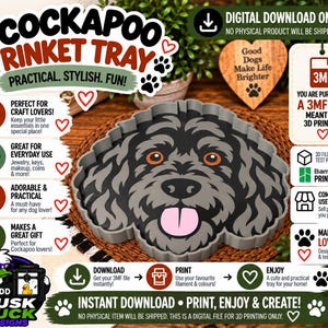 Può includere: Un file digitale stampabile in 3D per un vassoio portaoggetti a forma di Cockapoo. Il design presenta un muso di cane stilizzato grigio e nero con occhi arancioni e lingua rosa. Il file è per stampanti 3D, testato su macchine Bambu Lab.
