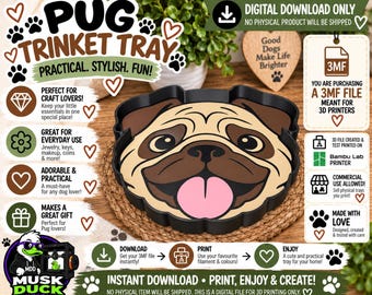 Pug Trinket Tray - 3MF File, 3D Print File, Décor, Digital Download Only