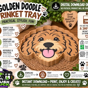 Może przedstawiać: Cyfrowy plik do druku 3D przedstawiający tackę na drobiazgi w kształcie Golden Doodle. Tacka ma wzór psiego pyska w kolorach beżowym, brązowym i czarnym z różowym językiem. Obraz zawiera tekst, taki jak Golden Doodle Trinket Tray oraz 3MF File.
