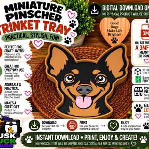 Könnte beinhalten: Eine digitale Download-Datei für eine 3D-gedruckte Zwergpinscher-Ablageschale. Das Design zeigt einen stilisierten Hundekopf mit schwarz-lohfarbenem Fell, großen Ohren und einer rosa Zunge. Die Datei liegt im 3MF-Format für 3D-Drucker vor.