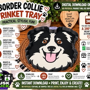 Könnte beinhalten: Eine schwarz-weiße 3D-druckbare digitale Datei für eine Ablageschale in Form eines Border Collies. Das Design zeigt ein stilisiertes Hundegesicht mit einer rosa Zunge. Das Bild enthält Text wie BORDER COLLIE TRINKET TRAY und 3MF FILE.