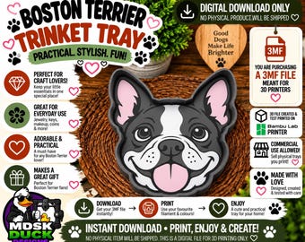 Sieradenbakje met Boston Terrier-motief - 3MF-bestand, 3D-printbestand, decoratie, alleen digitaal te downloaden.