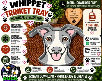Whippet Trinket Tray - 3MF File, 3D Print File, Décor, Digital Download Only