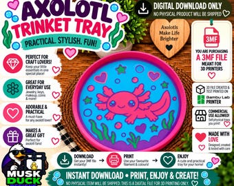 Cute Axolotl Trinket Tray - 3MF File, 3D Print File, Décor, Digital Download Only