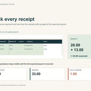 Peut inclure: Une interface num&eacute;rique de suivi de consignation ZSHEET affichant un tableau de suivi des re&ccedil;us avec des colonnes pour la date, l'ID de paiement, l'ID de relev&eacute;, le montant, la r&eacute;f&eacute;rence et le statut, avec des encadr&eacute;s pour les paiements attendus.
