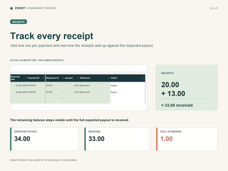 Peut inclure: Une interface num&eacute;rique de suivi de consignation ZSHEET affichant un tableau de suivi des re&ccedil;us avec des colonnes pour la date, l'ID de paiement, l'ID de relev&eacute;, le montant, la r&eacute;f&eacute;rence et le statut, avec des encadr&eacute;s pour les paiements attendus.
