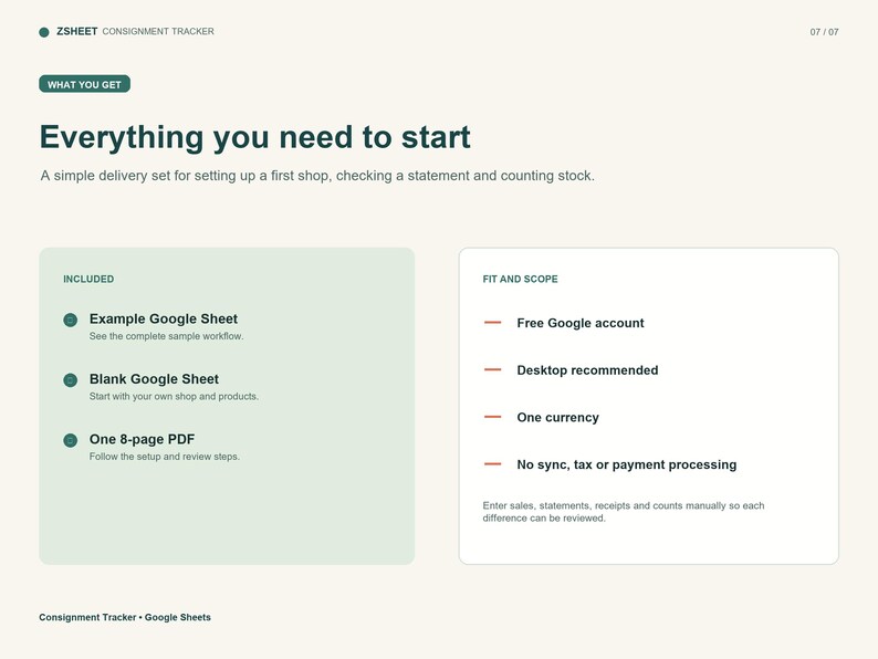 Peut inclure: Un document num&eacute;rique de suivi de consignation ZSHEET avec le texte Everything you need to start. Il liste les &eacute;l&eacute;ments inclus comme un exemple de Google Sheet, une feuille vierge et un PDF de 8 pages, avec les crit&egrave;res de port&eacute;e.