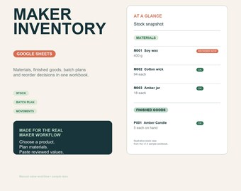 Feuille de calcul d'inventaire Maker | Suivi des stocks, des lots et des réapprovisionnements Google Sheets