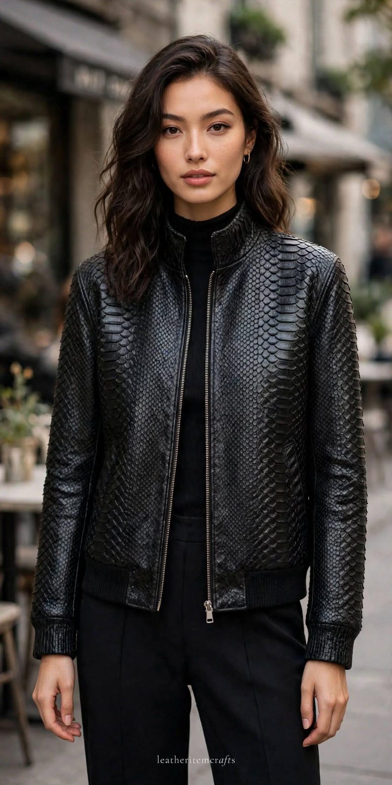 May include: A black bomber jacket featuring a textured snakeskin-like pattern, a high collar, and a full-length front zipper. The jacket has ribbed cuffs and a ribbed hem, worn over a black mock neck top and black trousers.
