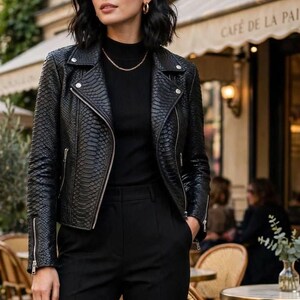 Handmade Black Python Embossed Moto Jacket: Cropped Vegan Leather Biker Style