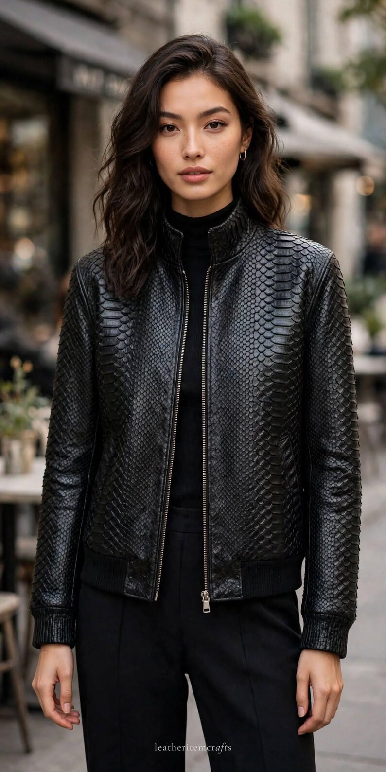 Python Embossed Leather Bomber Jacket: Genuine Cowhide, Ribbed Cuffs (Black/Red)