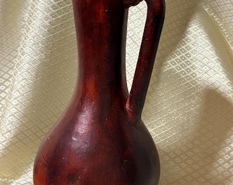 Vintage Terracotta Pitcher Vase - 14 Inch Handmade Pottery Ewer Jug - Dark Brown Rustic Boho Vase