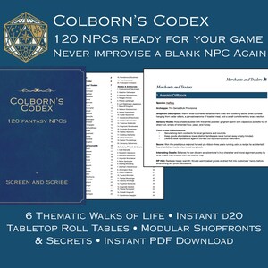 Puede incluir: Un libro azul oscuro titulado Colborn's Codex 120 Fantasy NPCs de Screen and Scribe, mostrado junto a una página abierta con listas de nombres y una página de perfil de personaje detallada para un comerciante llamado Arlenkin Cliffbrook.