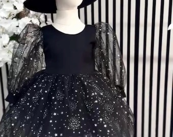 Girls Black Halloween Witch Dress, Sparkly Star Tulle Dress, Long Sleeve Witch Costume, Halloween Party Dress for Girls