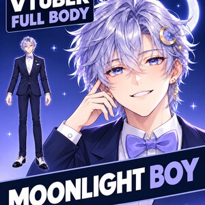 Op de afbeelding: Een digitale illustratie van een personage met lichtpaars haar, gekleed in een donkerblauw pak, wit overhemd en een lichtpaarse vlinderdas. Het personage draagt maan- en steraccessoires en oorbellen. Tekst: VTUBER FULL BODY en MOONLIGHT BOY.