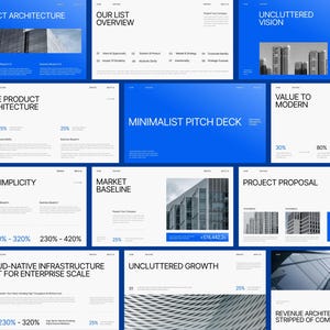 May include: A digital presentation template featuring multiple slides with a blue and white color scheme. The layout includes headings such as Pure Product Architecture, Minimalist Pitch Deck, and Uncluttered Growth, alongside black and white architectural photography and data charts.