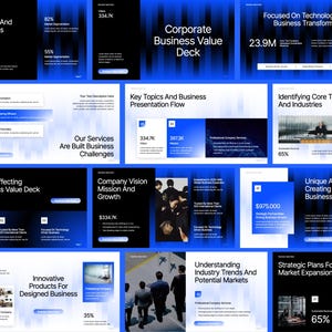 May include: A collection of corporate business presentation slides featuring a blue and black gradient theme. The slides display text headers such as Corporate Business Value Deck, Company Vision Mission And Growth, and Strategic Plans For Future Market Expansion, alongside data points and business-related imagery.