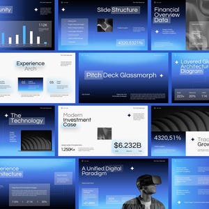 Könnte beinhalten: Eine Sammlung digitaler Präsentationsfolien mit blauem Farbverlauf, weißem Text, Diagrammen und Datenvisualisierungen. Die Folien enthalten Überschriften wie TAM Opportunity, Experience Arch und Pitch Deck Glassmorph.