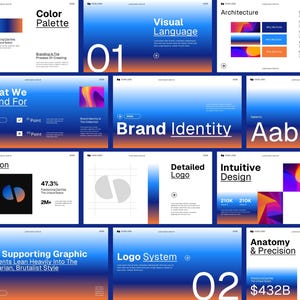 May include: A brand identity presentation deck featuring multiple slides with a blue to orange gradient background. The slides display text headers such as Color Palette, Visual Language, Architecture, Brand Identity, Logo Variation, and Intuitive Design.